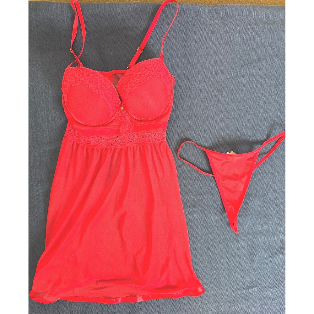 Daisy Fuentes Babydoll Set Large‎ Red Lace Mesh Underwire Lingerie Romantic Sexy